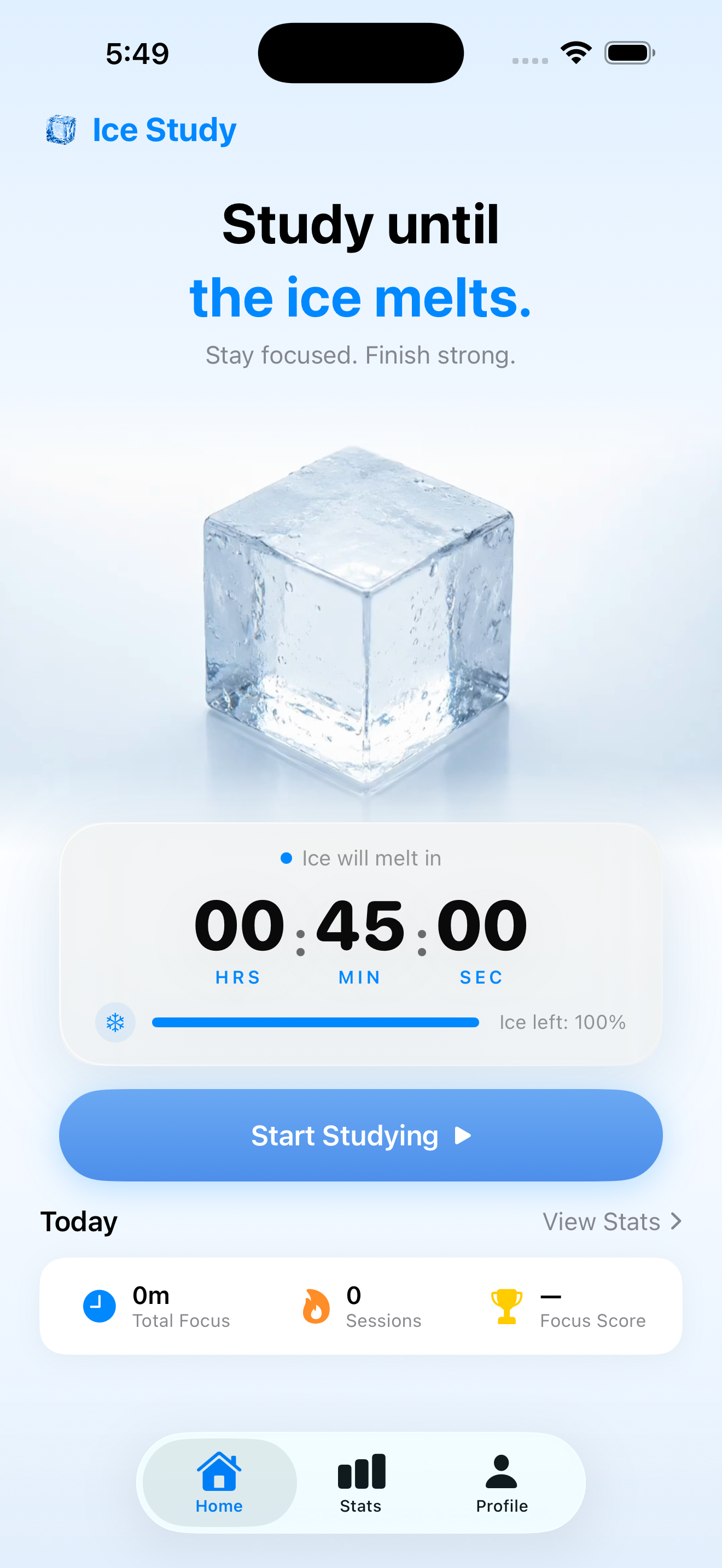 Ice Study home screen with melting ice cube and study timer
